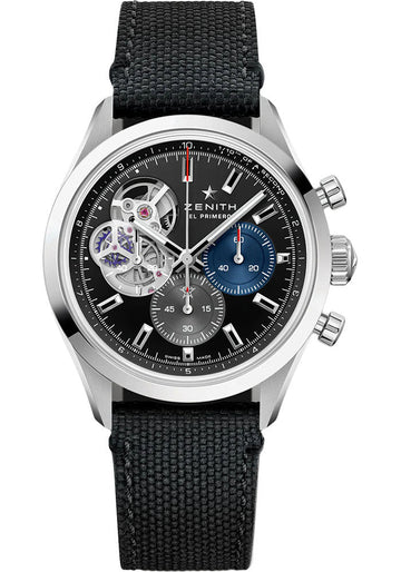 Zenith Chronomaster Open Watch - 39.5 mm Steel Case - Black Matte Dial - Black Cordura Effect Strap - 03.3300.3604/21.C822