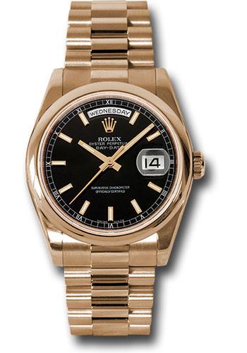 Rolex Pink Gold Day-Date 36 Watch - Domed Bezel - Black Index Dial - President Bracelet - 118205 bksp