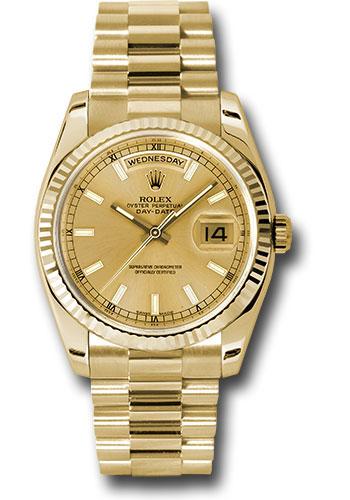 Rolex Yellow Gold Day-Date 36 Watch - Fluted Bezel - Champagne Index Dial - President Bracelet - 118238 chsp