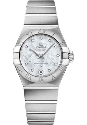 Omega Constellation Co-Axial Master CHRONOMETER Small Seconds Petite Seconde Watch - 27 mm Steel Case - White Mother-Of-Pearl Diamond Dial - 127.10.27.20.55.001