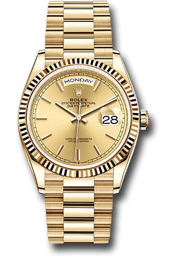 Rolex Yellow Gold Day-Date 36 Watch - Fluted Bezel - Champagne Index Dial - President Bracelet - 128238 chip