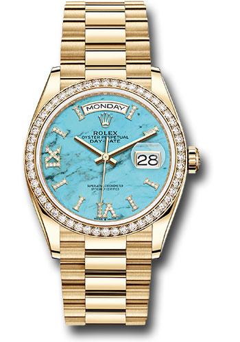 Rolex Yellow Gold Day-Date 36 Watch - Diamond Bezel - Turquoise Diamond Roman Dial - President Bracelet - 128348RBR tdidrp