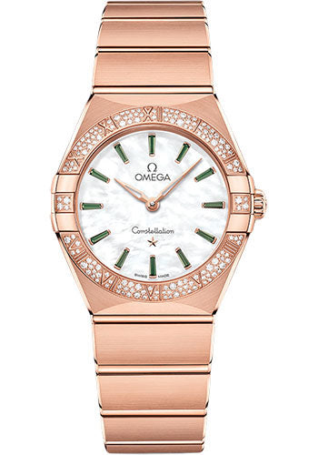 Omega Constellation Quartz - 28 mm Sedna Gold Case - Diamond Bezel - White Mother-Of-Pearl Emerald Dial - 131.55.28.60.55.005