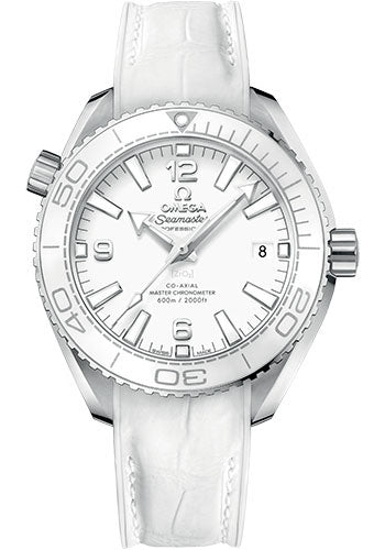 Omega Planet Ocean 600M Co-Axial Master Chronometer Watch - 39.5 mm Steel Case - Unidirectional White Cermaic Bezel - White Dial - White Leather Strap - 215.33.40.20.04.001