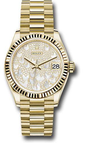 Rolex Yellow Gold Datejust 31 Watch - Fluted Bezel - Paved Mother-of-Pearl Butterfly Dial - President Bracelet - 278278 pmopbp