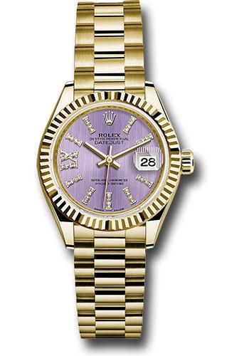 Rolex Yellow Gold Lady-Datejust 28 Watch - Fluted Bezel - Lilac Stripe Diamond Index Dial - President Bracelet - 279178 lils36dix8dp