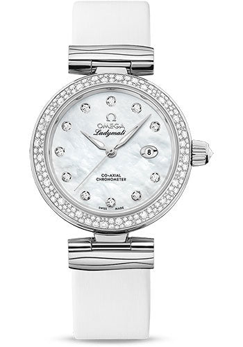 Omega De Ville Ladymatic Omega Co-Axial Watch - 34 mm Steel Case - Diamond Bezel - White Diamond Dial - White Leather Strap - 425.37.34.20.55.002