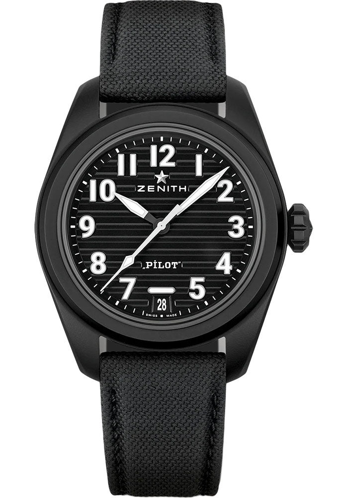 Zenith Pilot Automatic Watch - 40 mm Matte Ceramic Case - Black Dial - Black Cordura Effect Strap - 49.4000.3620/21.I001