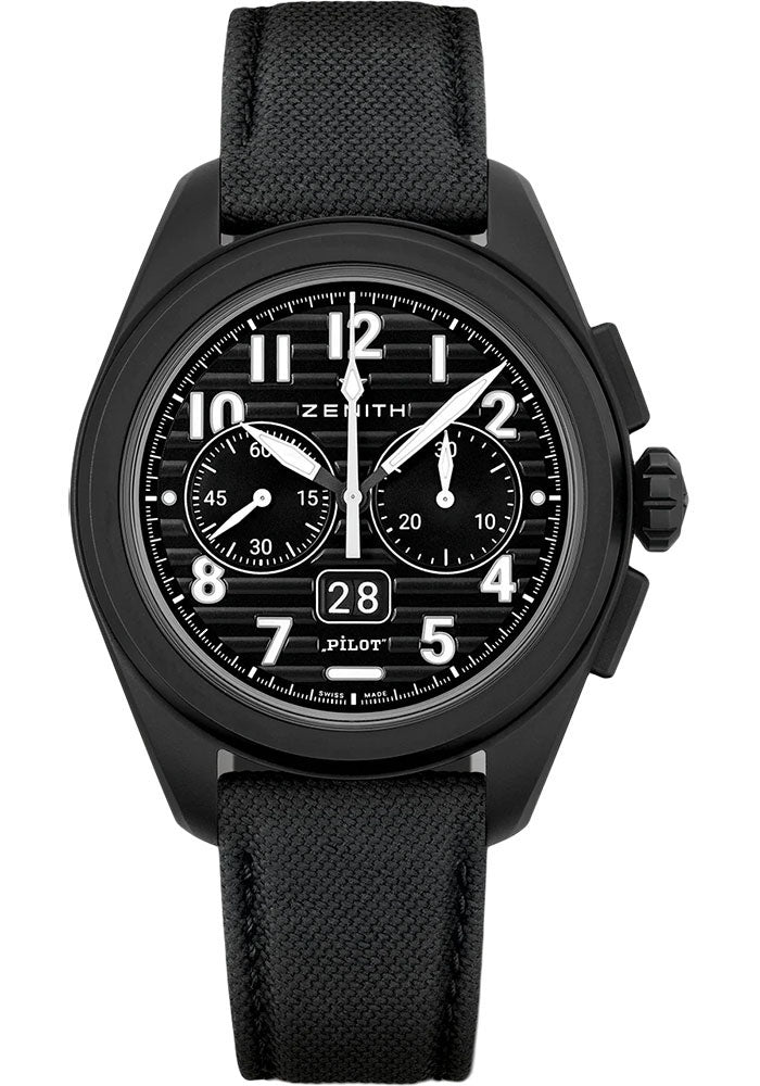 Zenith Pilot Big Date Flyback Watch - 42.5 mm Matte Ceramic Case - Black Dial - Black Cordura Effect Strap - 49.4000.3652/21.I001