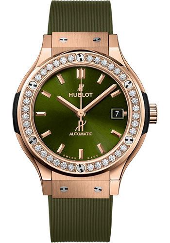 Hublot Classic Fusion King Gold Green Diamonds Watch - 38 mm - Green Dial - Green Lined Rubber Strap-565.OX.8980.RX.1204