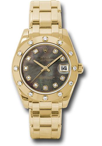 Rolex Yellow Gold Datejust Pearlmaster 34 Watch - 12 Diamond Bezel - Black Mother-Of-Pearl Diamond Dial - 81318 dkmd