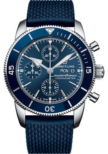 Breitling Superocean Heritage II Chronograph 44 Watch - Steel Case - Blue Dial - Blue Rubber Aero Classic Strap - A13313161C1S1