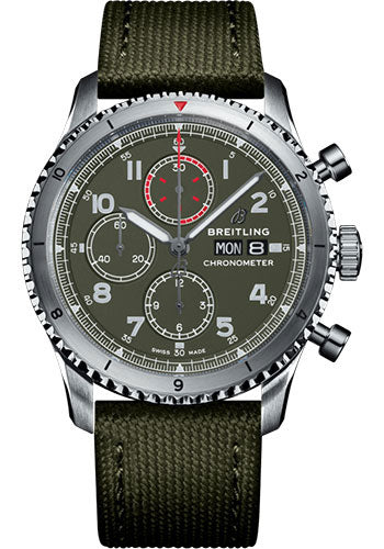 Breitling Aviator 8 Chronograph 43 Curtiss Warhawk Watch - Steel - Green Dial - Khaki Green Military Strap - Folding Buckle - A133161A1L1X2