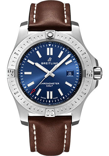 Breitling Colt Automatic Watch - Stainless Steel - Blue Dial - Brown Calfskin Leather Strap - Folding Buckle - A17388101C1X4