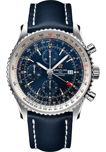 Breitling Navitimer Chronograph GMT 46 Watch - Stainless Steel - Blue Dial - Blue Calfskin Leather Strap - Folding Buckle - A24322121C2X2