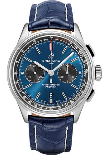 Breitling Premier B01 Chronograph Watch - 42mm Steel Case - Blue Dial - Blue Croco Strap - AB0118A61C1P1