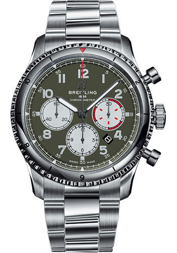 Breitling Aviator 8 B01 Chronograph 43 Curtiss Warhawk Watch - Steel - Green Dial - Steel Bracelet - AB01192A1L1A1