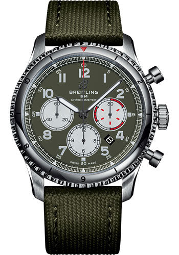 Breitling Aviator 8 B01 Chronograph 43 Curtiss Warhawk Watch - Steel - Green Dial - Khaki Green Military Strap - Tang Buckle - AB01192A1L1X1