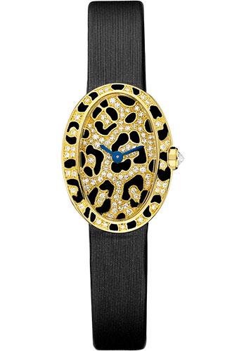 Cartier Mini Baignoire Panther Spots Watch - Yellow Gold Diamond Case - Diamond Dial - Dark Gray Fabric Strap - HPI00962