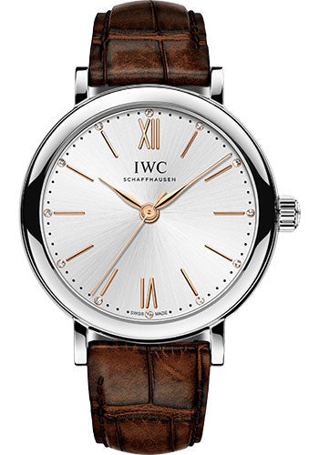 IWC Portofino Automatic 34 Watch - 34.0 mm Stainless Steel Case - Silver Dial - Dark Brown Alligator Strap - IW357403