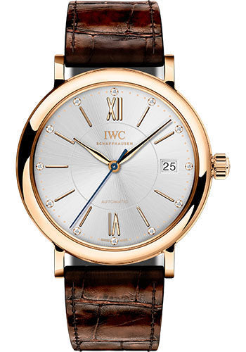 IWC Portofino Automatic 37 Watch - 37.0 mm 5N Gold Case - Silver Dial - Dark Brown Alligator Strap - IW458116