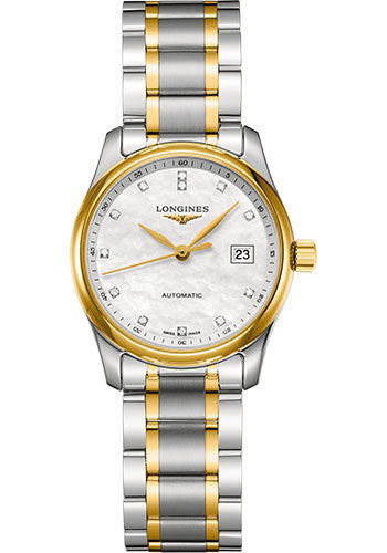 Longines Master Collection Watch - 29 mm Steel And Yellow Gold Cap 200 Case - White Mother-Of-Pearl Diamond Dial - Bracelet - L2.257.5.87.7