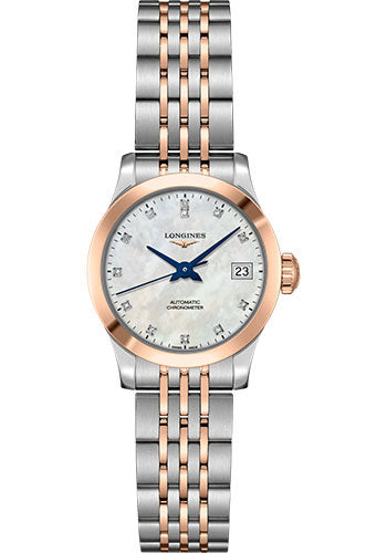 Longines Record collection Watch - 26 mm Steel And 18K Pink Gold Cap 200 Case - White Mother-Of-Pearl Diamond Dial - Bracelet - L2.320.5.87.7