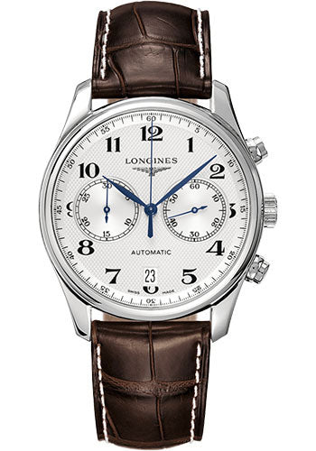 Longines Master Collection Chronograph Small Seconds Watch - 40 mm Steel Case - Silver Barleycorn Arabic Dial - Brown Alligator Strap - L2.629.4.78.3