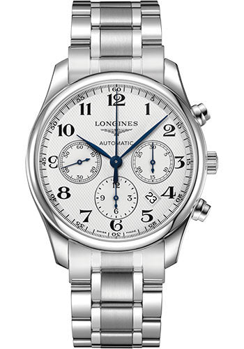 Longines Master Collection Chronograph Small Seconds Watch - 42 mm Steel Case - Silver Barleycorn Arabic Dial - Bracelet - L2.759.4.78.6