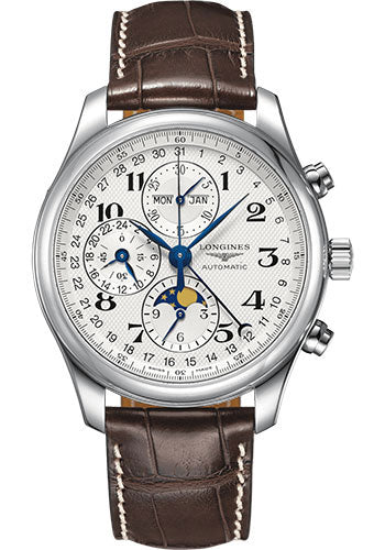 Longines Master Collection Moon Phase Chronograph Small Seconds Watch - 42 mm Steel Case - Silver Barleycorn Arabic Dial - Brown Alligator Strap - L2.773.4.78.3