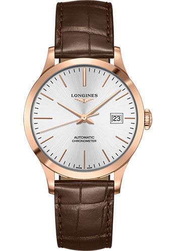 Longines Record collection Watch - 38.5 mm 18K Pink Gold Case - Silver Dial - Brown Alligator Strap - L2.820.8.72.2