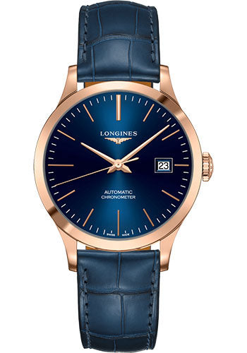 Longines Record collection Watch - 38.5 mm 18K Pink Gold Case - Blue Dial - Blue Alligator Strap - L2.820.8.92.2