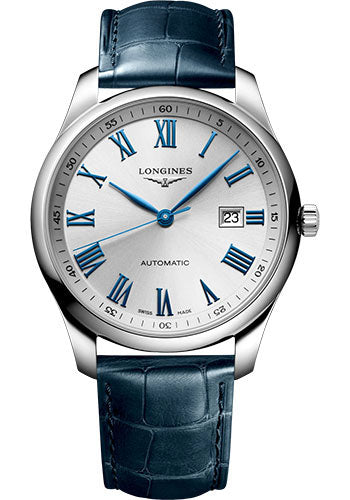 Longines Master Collection Automatic Watch - 42 mm Steel Case - Silver Roman Dial - Blue Alligator Strap - L2.893.4.79.2