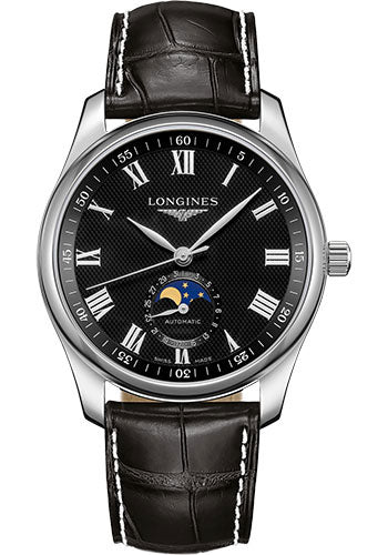 Longines Master Collection Moon Phase Watch - 40 mm Steel Case - Black Barleycorn Roman Dial - Black Alligator Strap - L2.909.4.51.7