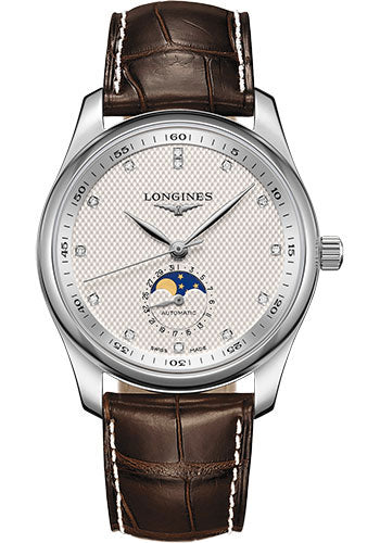 Longines Master Collection Moon Phase Watch - 40 mm Steel Case - Silver Barleycorn Diamond Dial - Brown Alligator Strap - L2.909.4.77.3