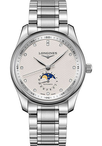 Longines Master Collection Moon Phase Watch - 40 mm Steel Case - Silver Barleycorn Diamond Dial - Bracelet - L2.909.4.77.6