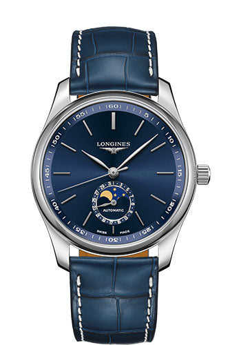 Longines Master Collection Moon Phase Watch - 40 mm Steel Case - Blue Dial - Blue Alligator Strap - L2.909.4.92.0