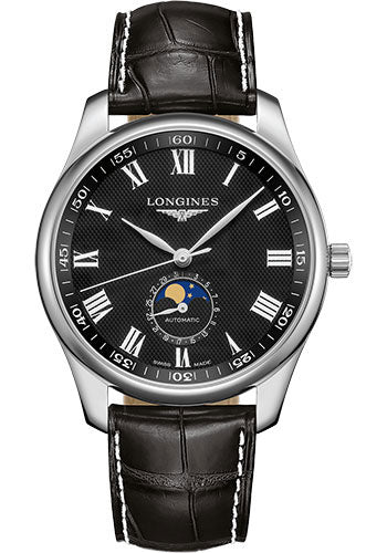 Longines Master Collection Moon Phase Watch - 42 mm Steel Case - Black Barleycorn Roman Dial - Black Alligator Strap - L2.919.4.51.7