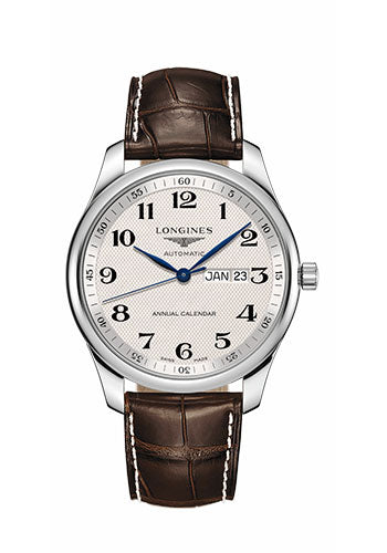 Longines Master Collection Annual Calendar Watch - 42 mm Steel Case - Silver Barleycorn Arabic Dial - Brown Alligator Strap - L2.920.4.78.3