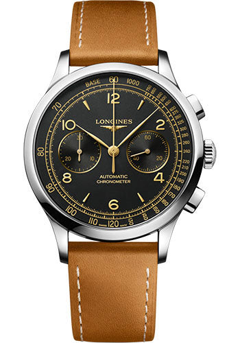 Longines Record Chronograph Small Seconds Automatic Watch - 40 mm Steel Case - Black Arabic Dial - Brown Calf Leather Strap - L2.921.4.56.2