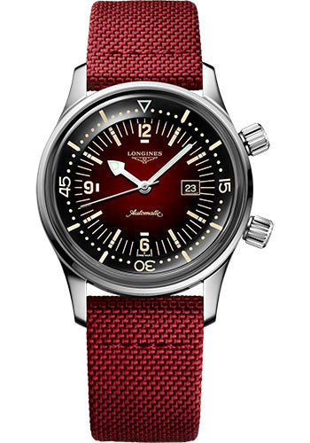 Longines Legend Diver Watch Automatic Watch - 36 mm Steel Case - Bordeaux Arabic Dial - Bordeaux Synthetic Strap - L3.374.4.40.2