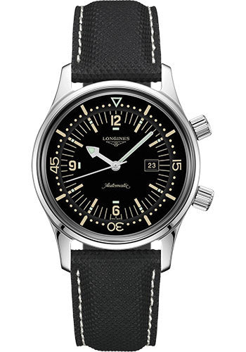 Longines Legend Diver Watch Watch - 36 mm Steel Case - Black Arabic Dial - Black Leather Strap - L3.374.4.50.0