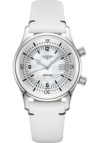 Longines Legend Diver Watch Watch - 36 mm Steel Case - White Mother-Of-Pearl Arabic Dial - White Leather Strap - L3.374.4.80.0