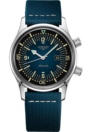 Longines Legend Diver Watch Automatic Watch - 36 mm Steel Case - Blue Arabic Dial - Blue Leather Strap - L3.374.4.90.2