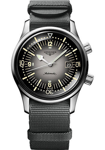 Longines Legend Diver Watch Automatic Watch - 42 mm Steel Case - Grey Arabic Dial - Grey Synthetic Strap - L3.774.4.70.2