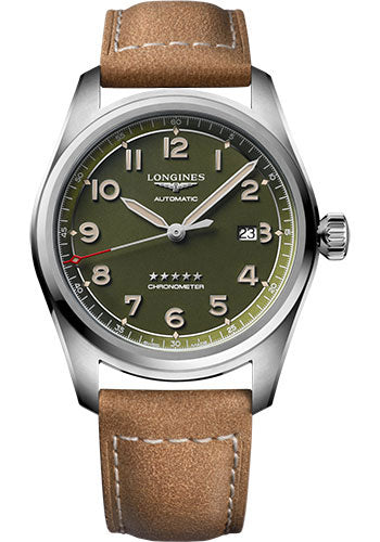 Longines Spirit Automatic Watch - 42 mm Steel Case - Green Arabic Dial - Brown Strap - L3.811.4.03.2