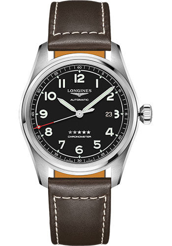 Longines Spirit Automatic Watch - 42 mm Steel Case - Black Arabic Dial - Brown Leather Strap - L3.811.4.53.0