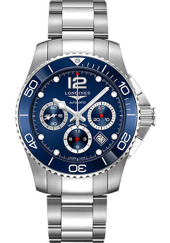 Longines HydroConquest Chronograph Automatic Watch - 43 mm Steel And Ceramic Case - Blue Arabic Dial - Steel Bracelet - L3.883.4.96.6