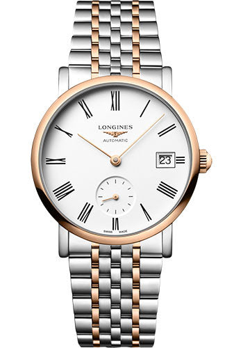 Longines Elegant Collection Small Seconds Automatic Watch - 34.5 mm Steel And Pink Gold Case - White Roman Dial - Steel And Pink Gold Cap 200 Bracelet - L4.312.5.11.7