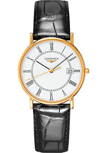 Longines PrŽsence Quartz Watch - 33.5 mm Yellow Gold Case - White Roman Dial - Black Strap - L4.743.6.11.0